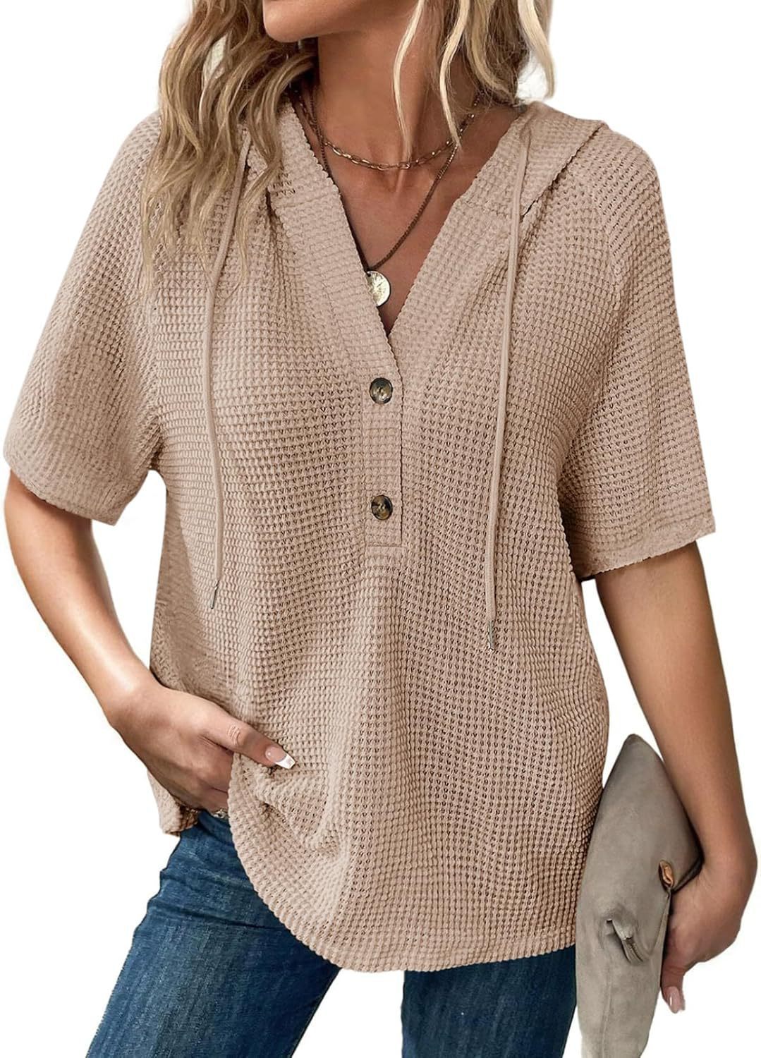 Women's Summer Waffle Knitted Short-sleeved Shirt Lightweight Drawstring Hoodie Blouse
