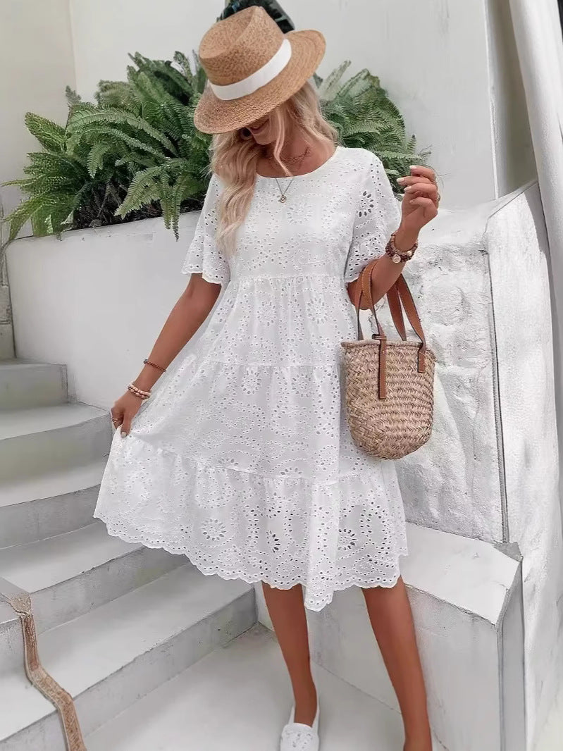 Fashion Solid Color Cotton Cloth Embroidery Dress