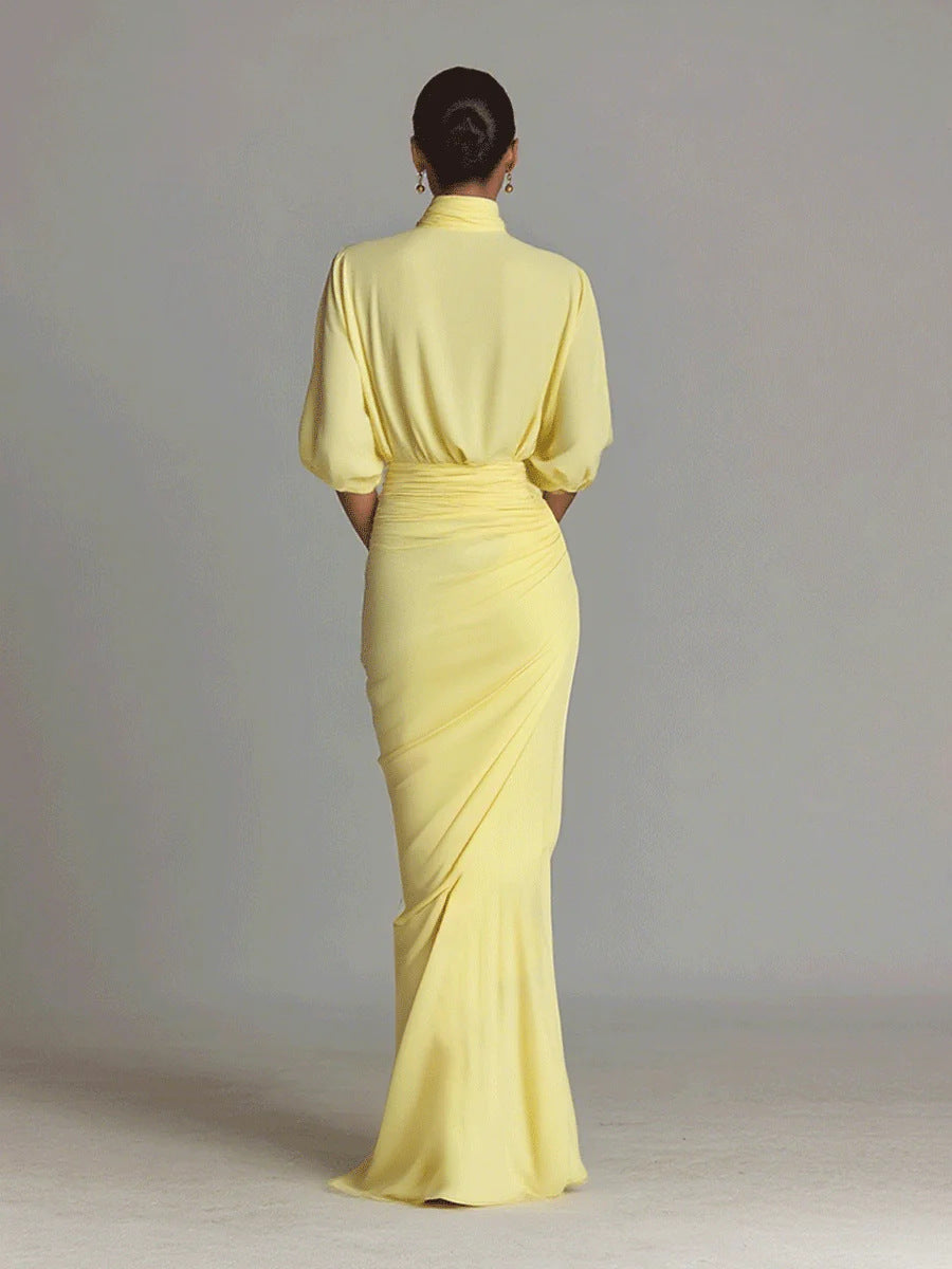 Women's Yellow Pleated Elegant Turtleneck Long Dress