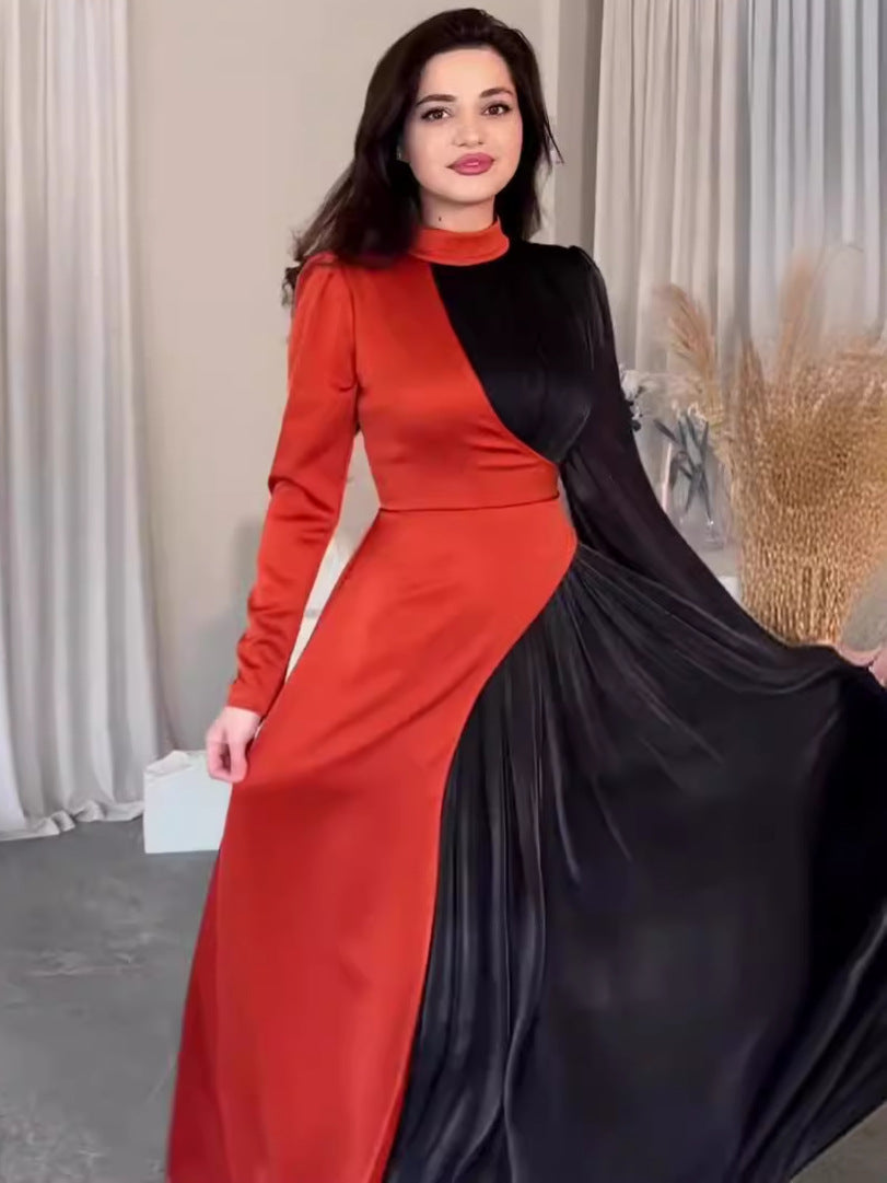 Women's Irregular Color Contrast Patchwork High Waist Pleated Slingback Long Dress