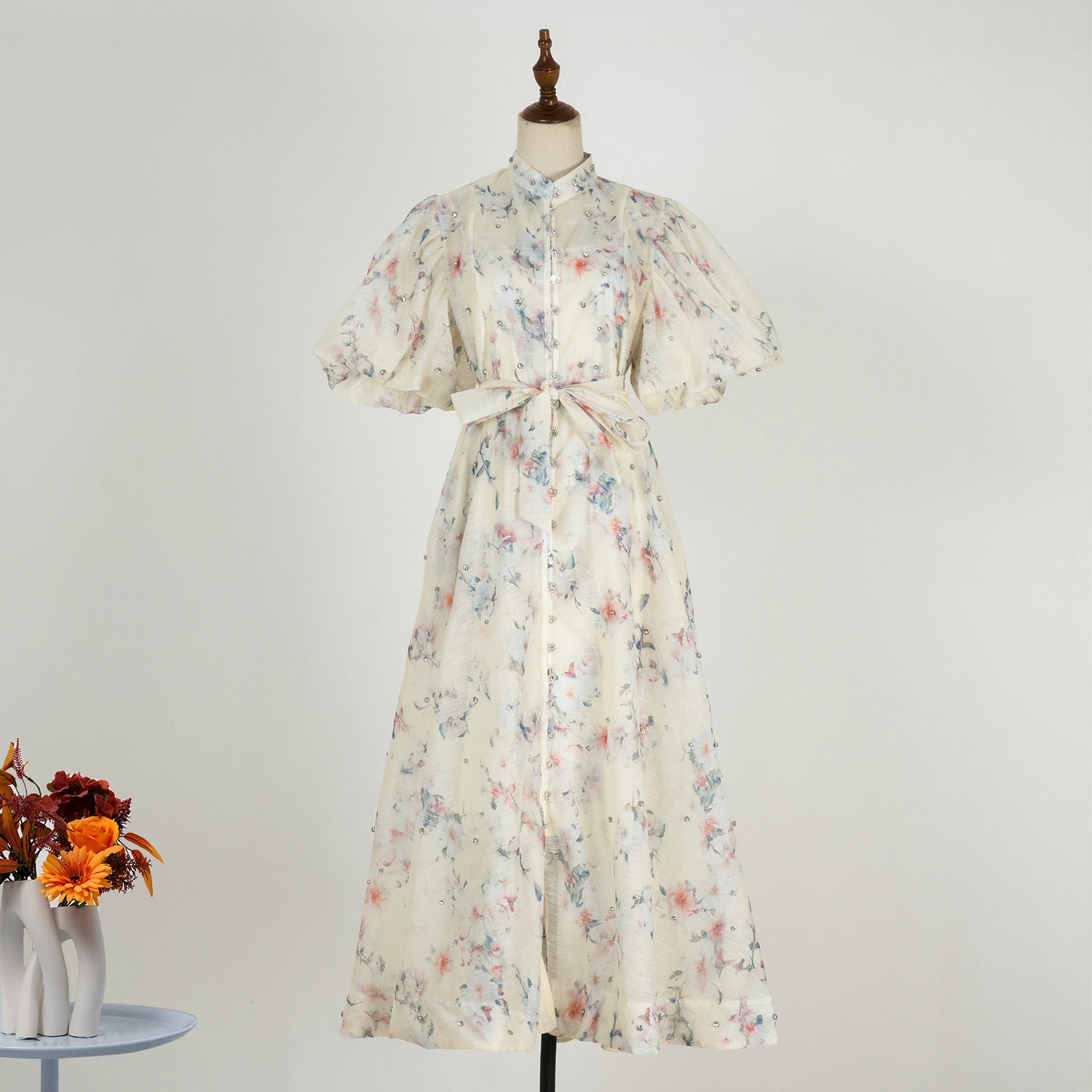 Summer Palace Style High Design Sense Rhinestone Sleeve Single-breasted Long Dress
