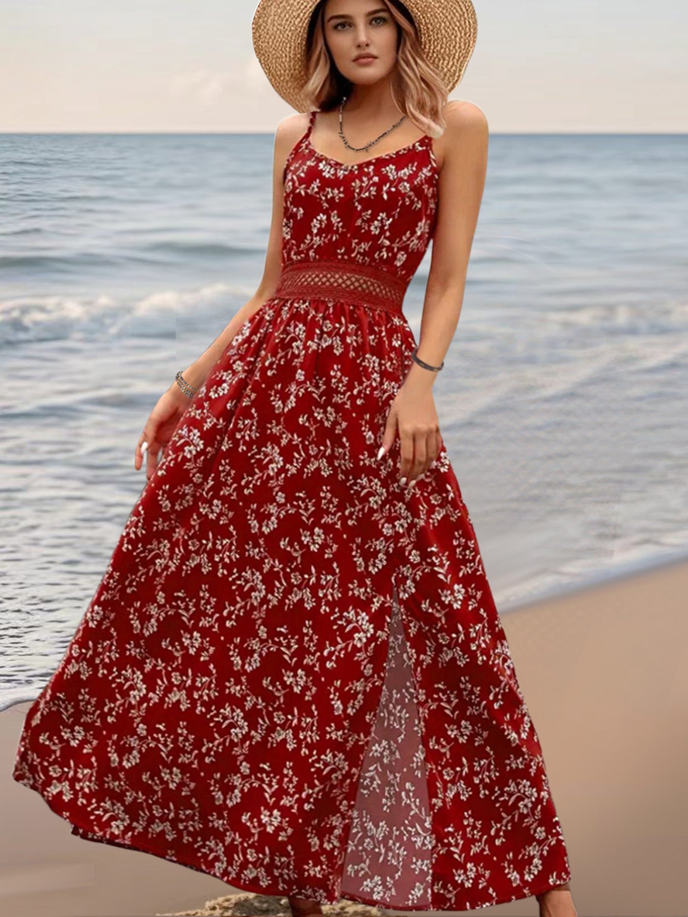 Warm Floral Sleeveless Split Holiday Lace Dress