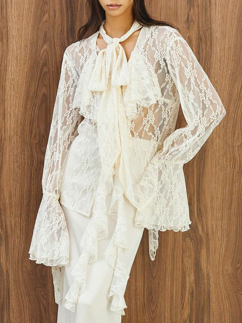 Lace Bow Long Sleeve Shirt Design Blouse