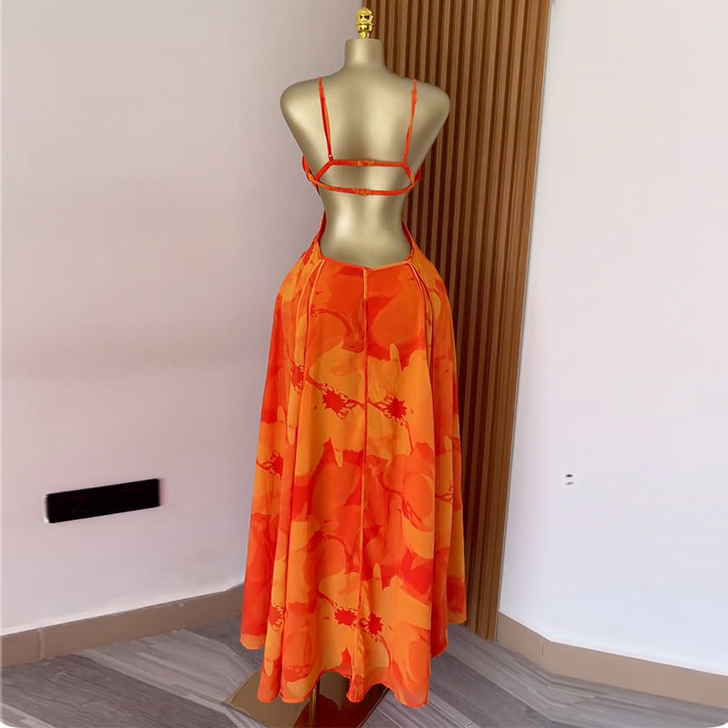 Women's Summer Sweet Fresh Printed Strap Tube High Waist A- Line Tops