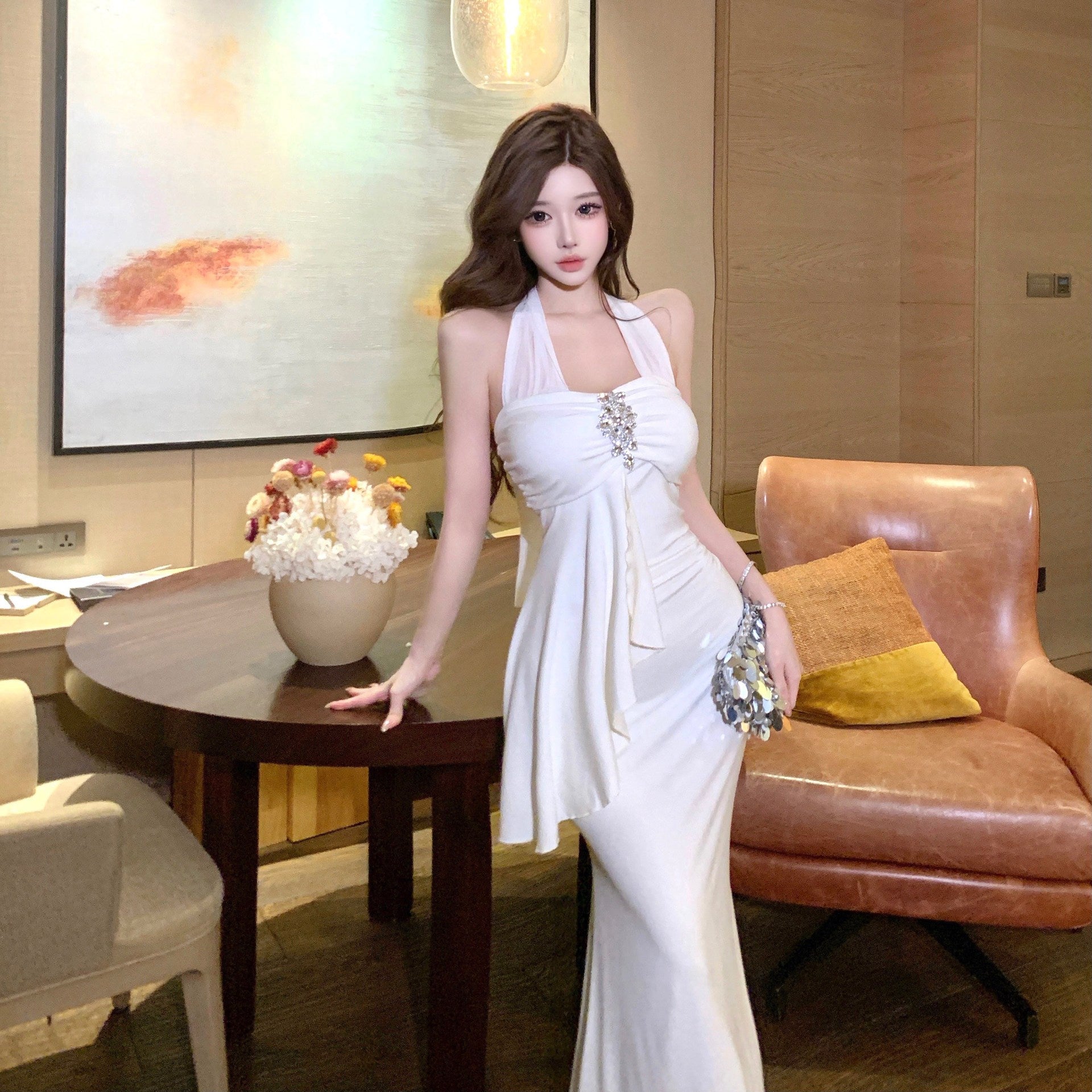 Women's Elegant Halter Suspender Sexy Backless Dress
