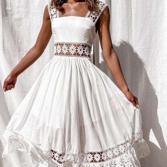 Fashion Lace Sleeveless Stitching Big Swing Dress