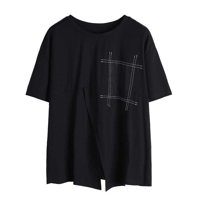 Women's Summer White Line Decoration Front Cross Dark Women's T-shirt