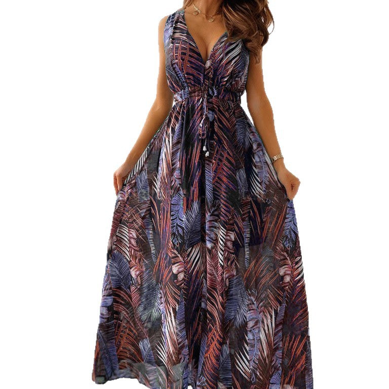 Trendy Summer Print Backless Lace Up Dress