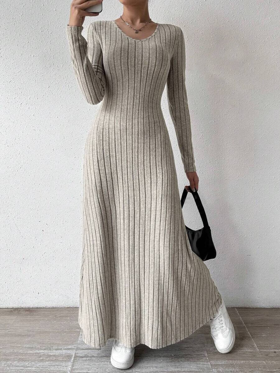 Women's Slim Fit Fashion Wear Knitted Solid Color Long Sleeve A- Dress