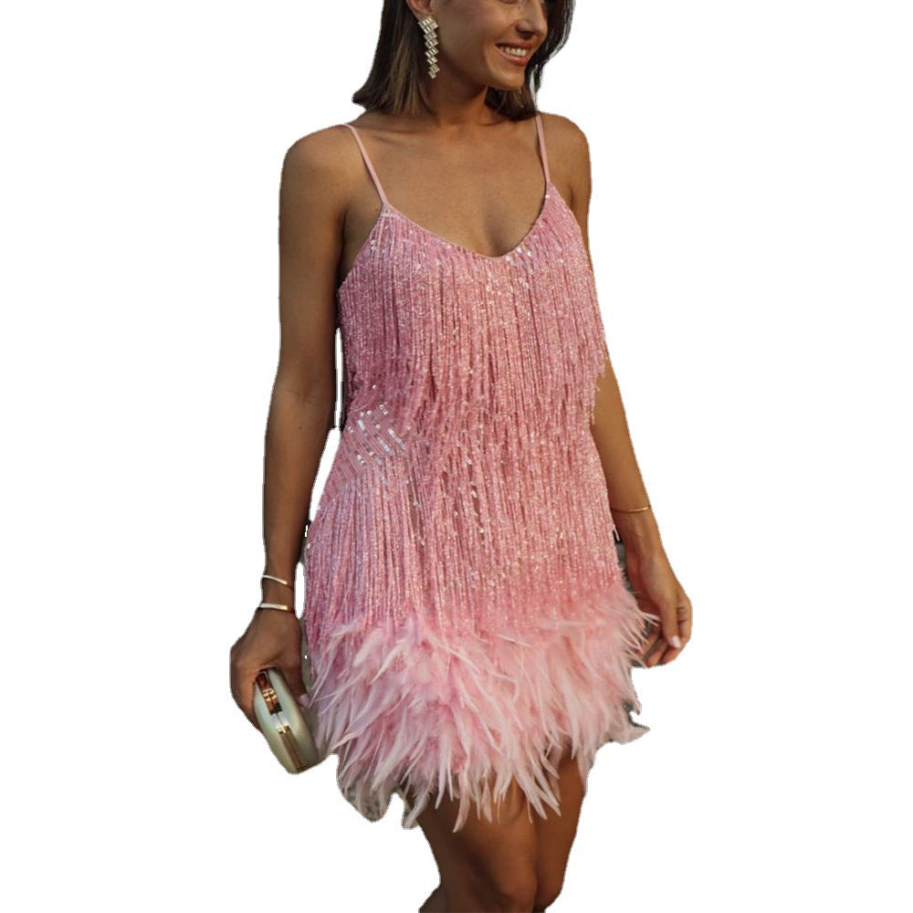 Women's Tassel Feather Sequin Dinner Sexy Strap Dress