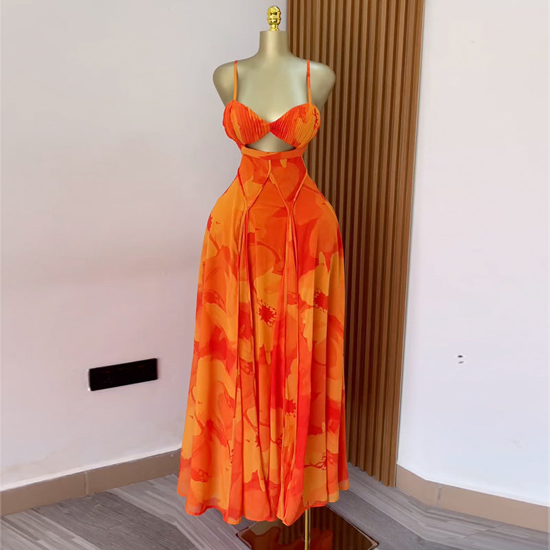 Women's Summer Sweet Fresh Printed Strap Tube High Waist A- Line Tops