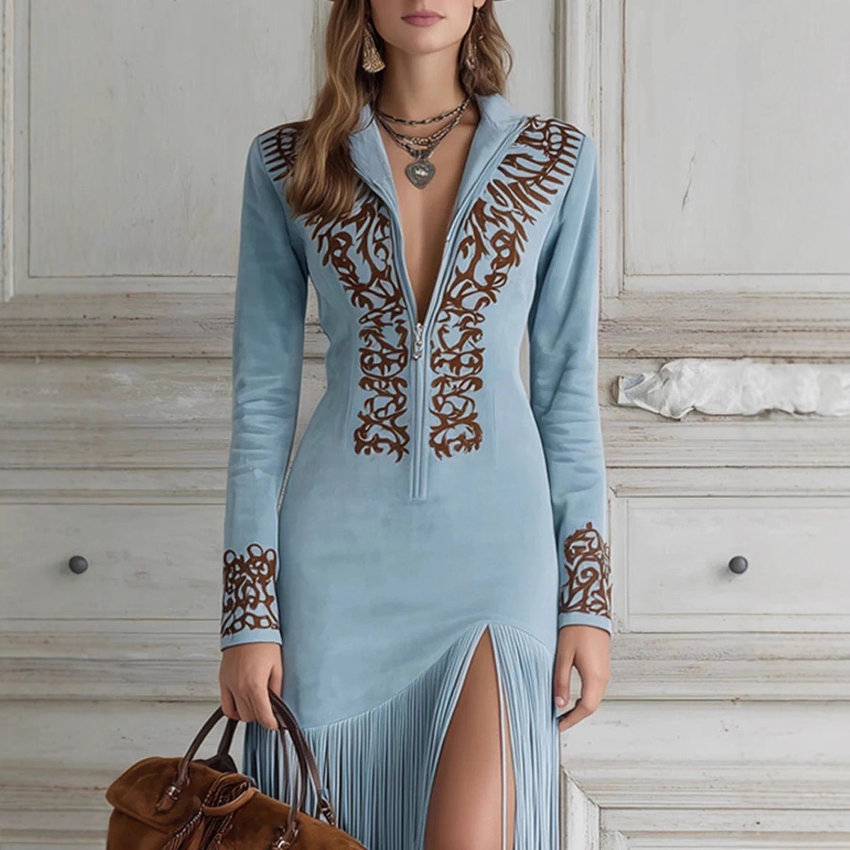 Women's Autumn Retro Ethnic Style Tassel Floral Zipper Skirts