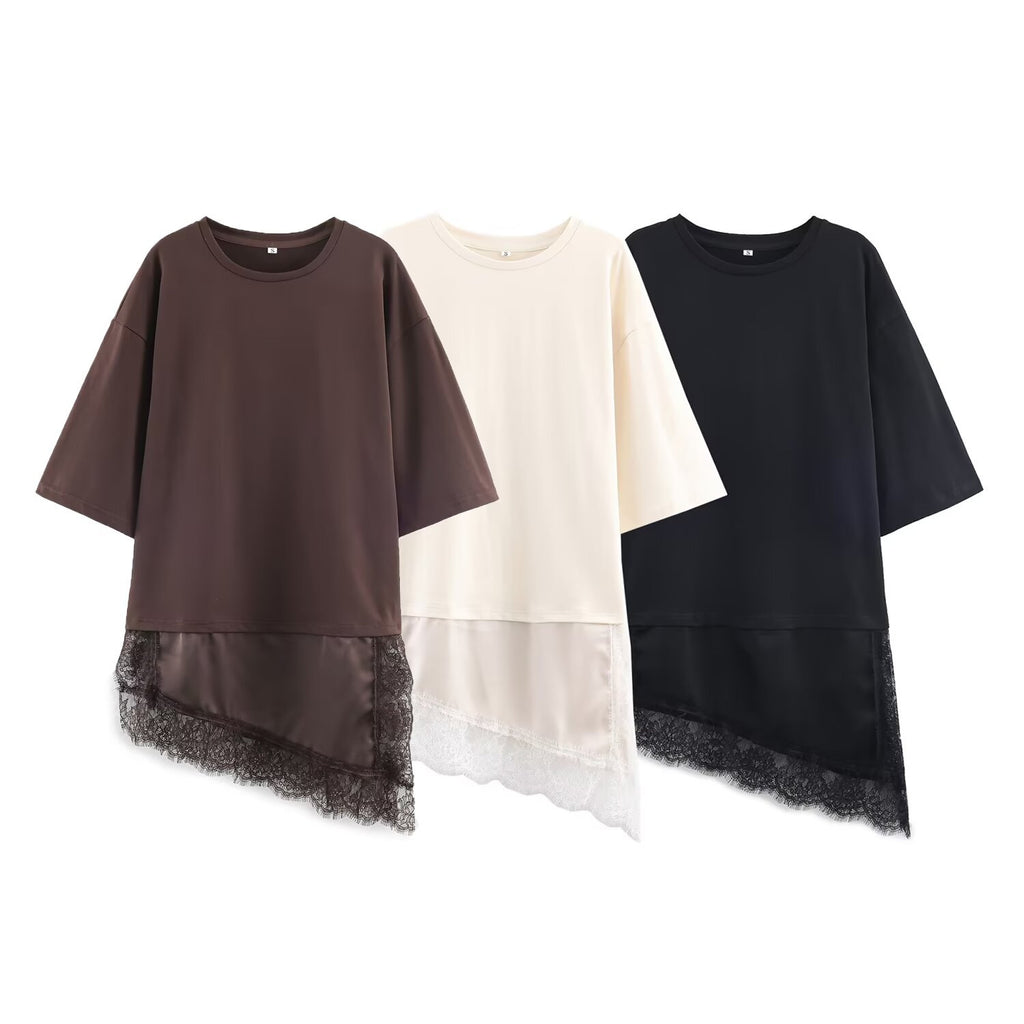 Women's Summer Graceful Fashionable Hem Stitching Lace Women's T-shirt