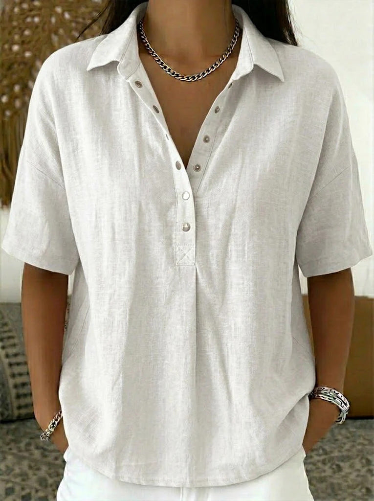 Women's Summer Loose Comfortable Lapel Sleeve Solid Color Blouse