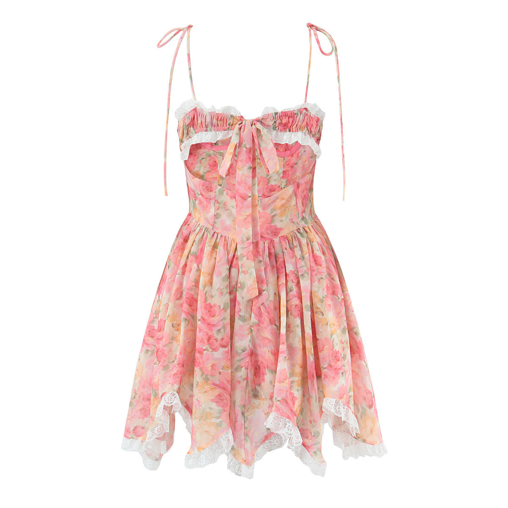 Women's Lace Irregular Flower Waist Trimming Spaghetti Dress