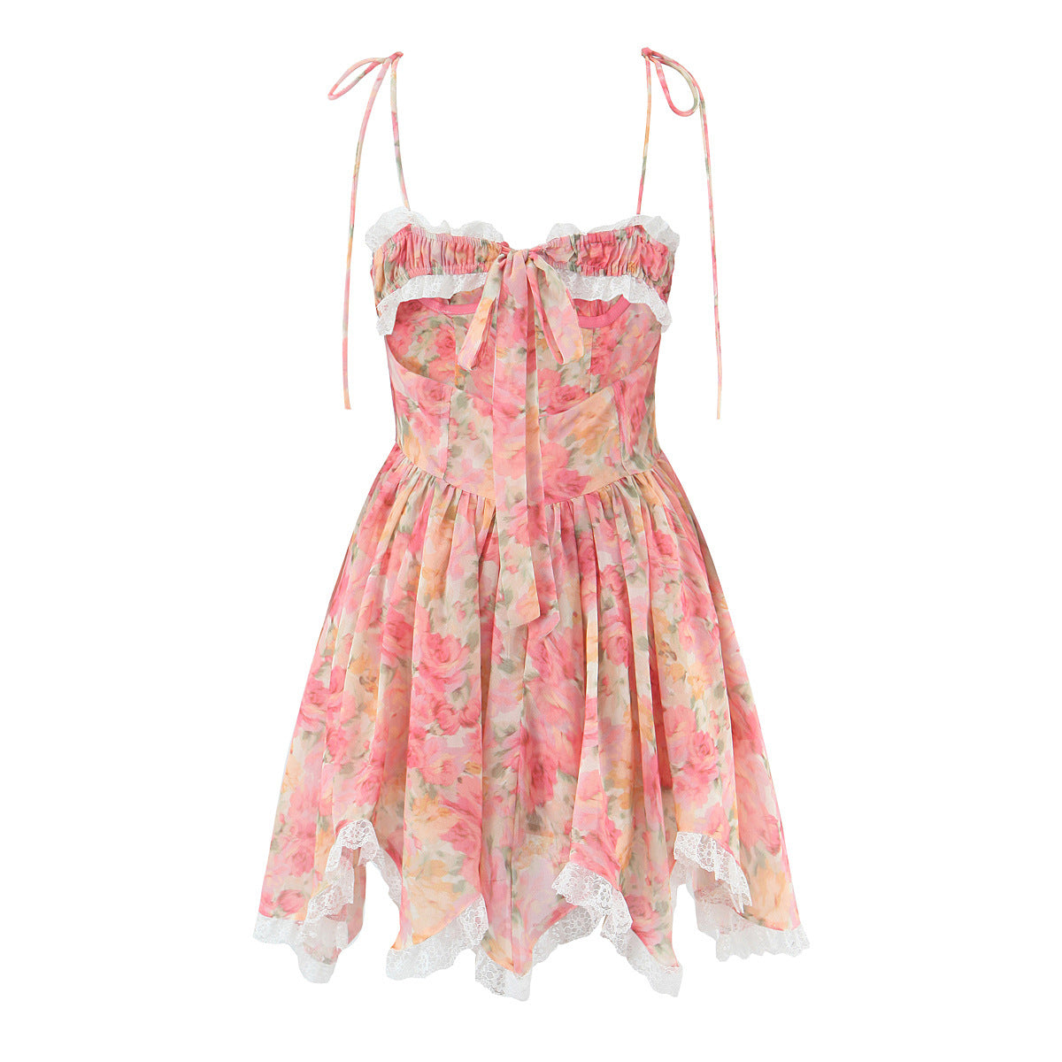 Women's Lace Irregular Flower Waist Trimming Spaghetti Dress