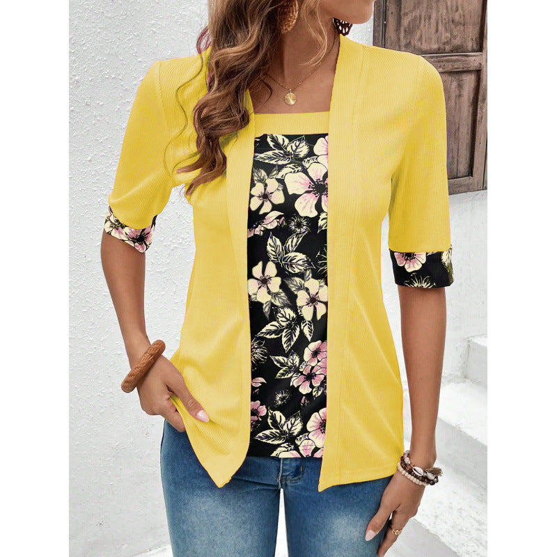 Women's Summer Fake Two-piece Sleeve Printed T-shirt Blouse