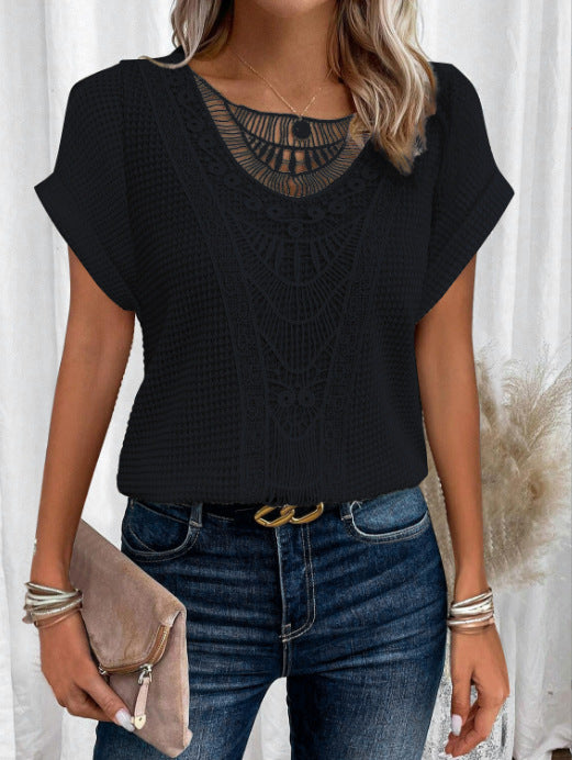 Fashion Beautiful Women's Lace Patchwork Short-sleeved Women's T-shirt
