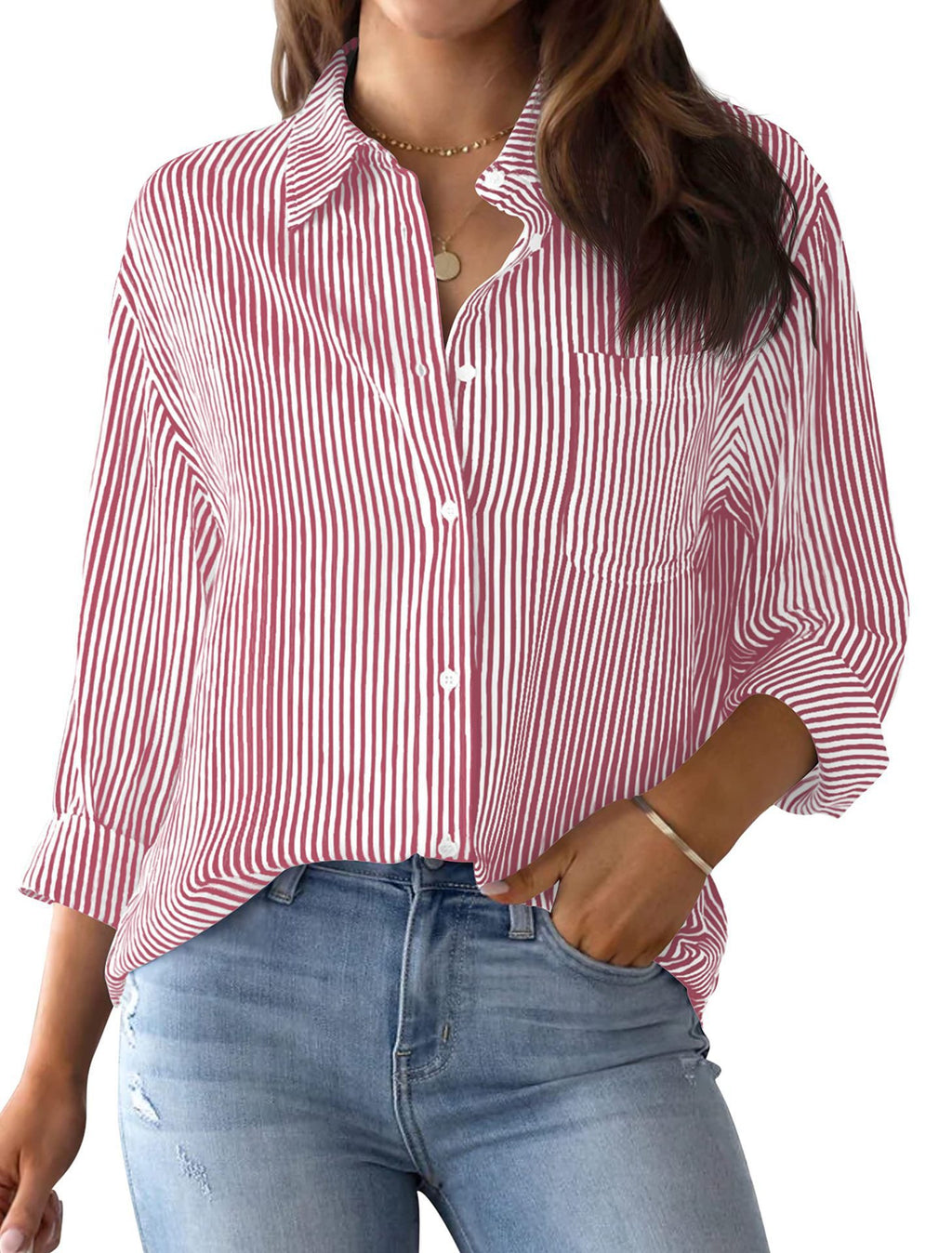 Women's With Pocket Loose Striped Classic Long Sleeve Tops