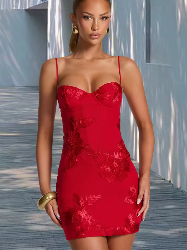 Red Three-dimensional Flower Embroidered Strap Elegant Dress