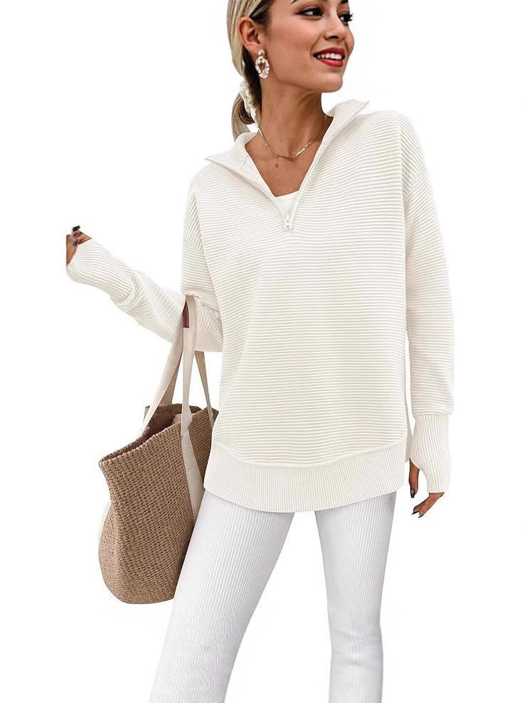 Women's Long Sleeve Half Zip Rib Knitted Pullover Early Autumn Clothing