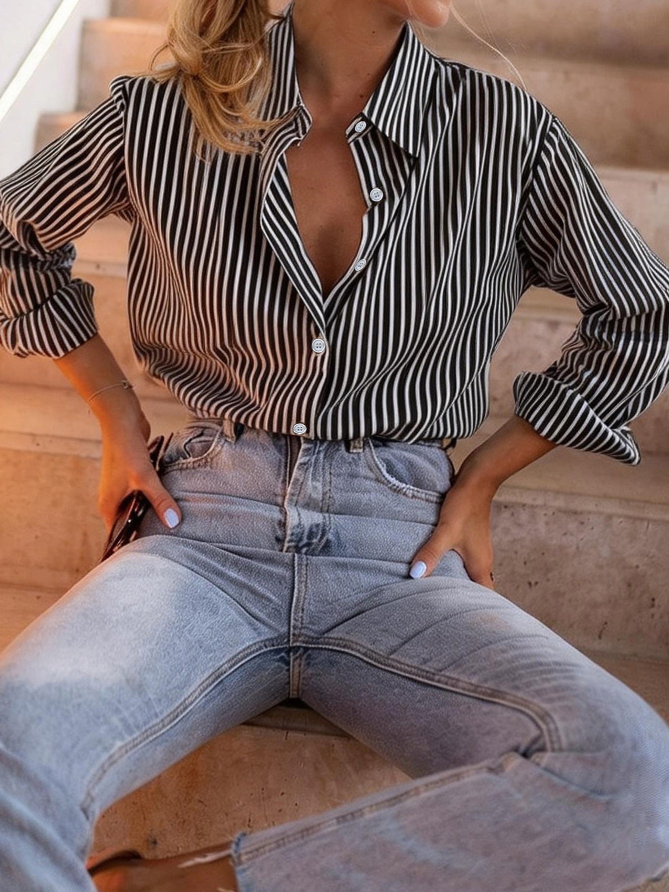 Women's Casual Loose Blue Striped Shirt Blouse