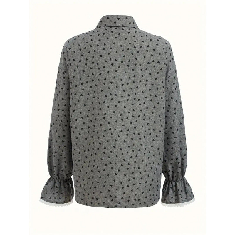Women's Trend Heart Printing Shirt Single-breasted Elegant Cuff Stitching Lace Blouse