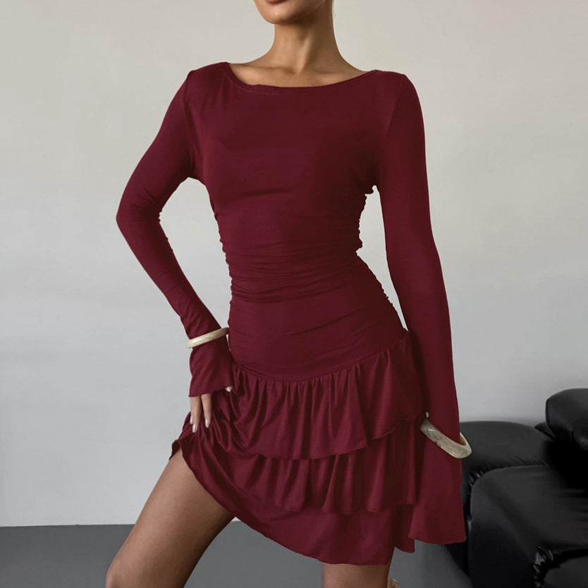 Women's Ballet Style Long-sleeved Knitted Elegant Ruffled A- Skirts