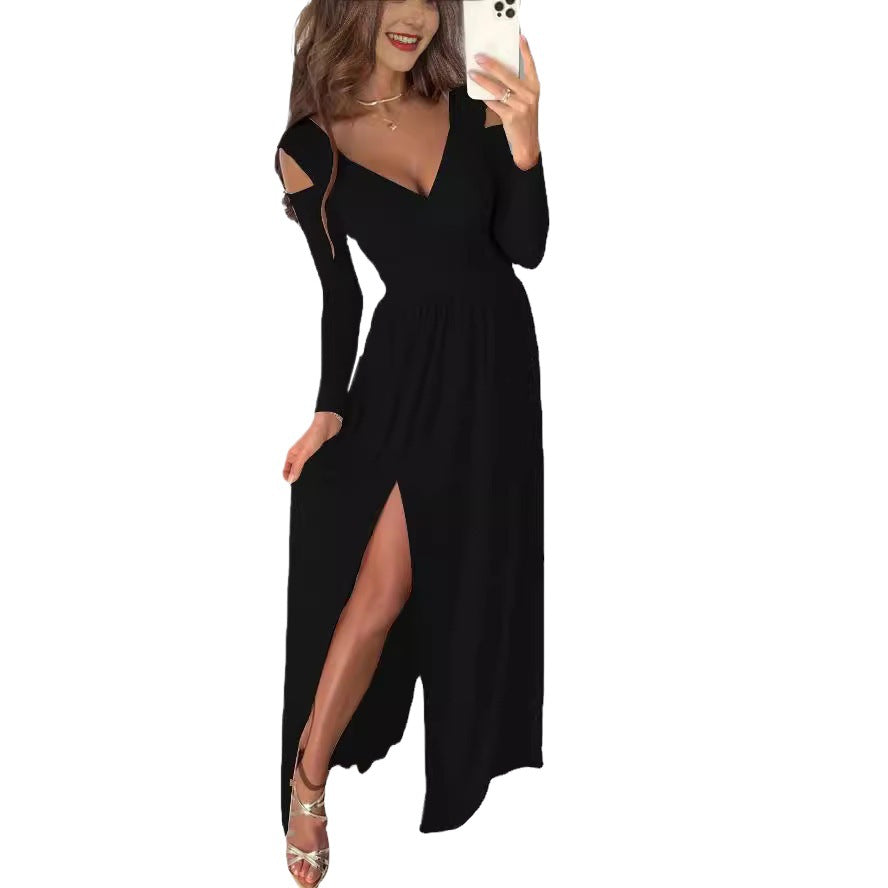 Long Sleeve Hem Pure Color Split Dress