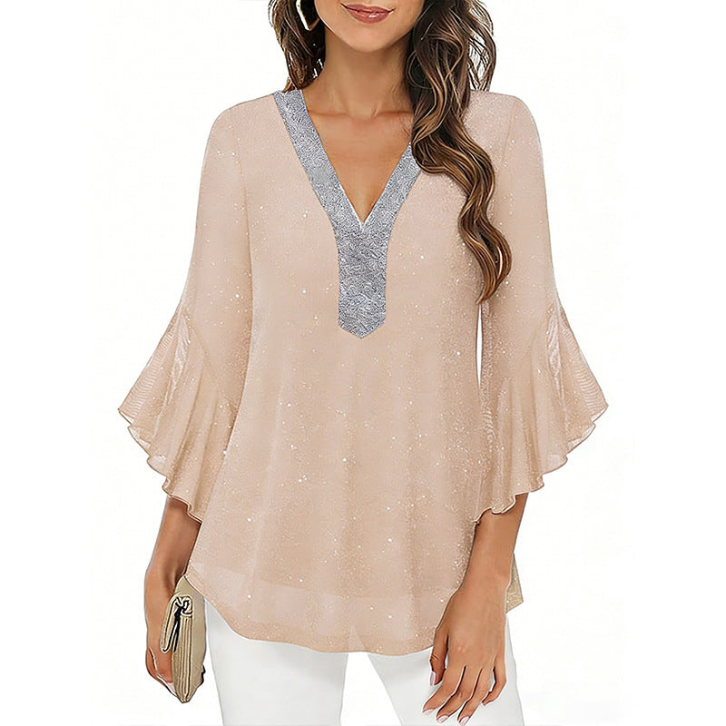 Stylish Spring Wear Sequined Pullover Shirt Blouse