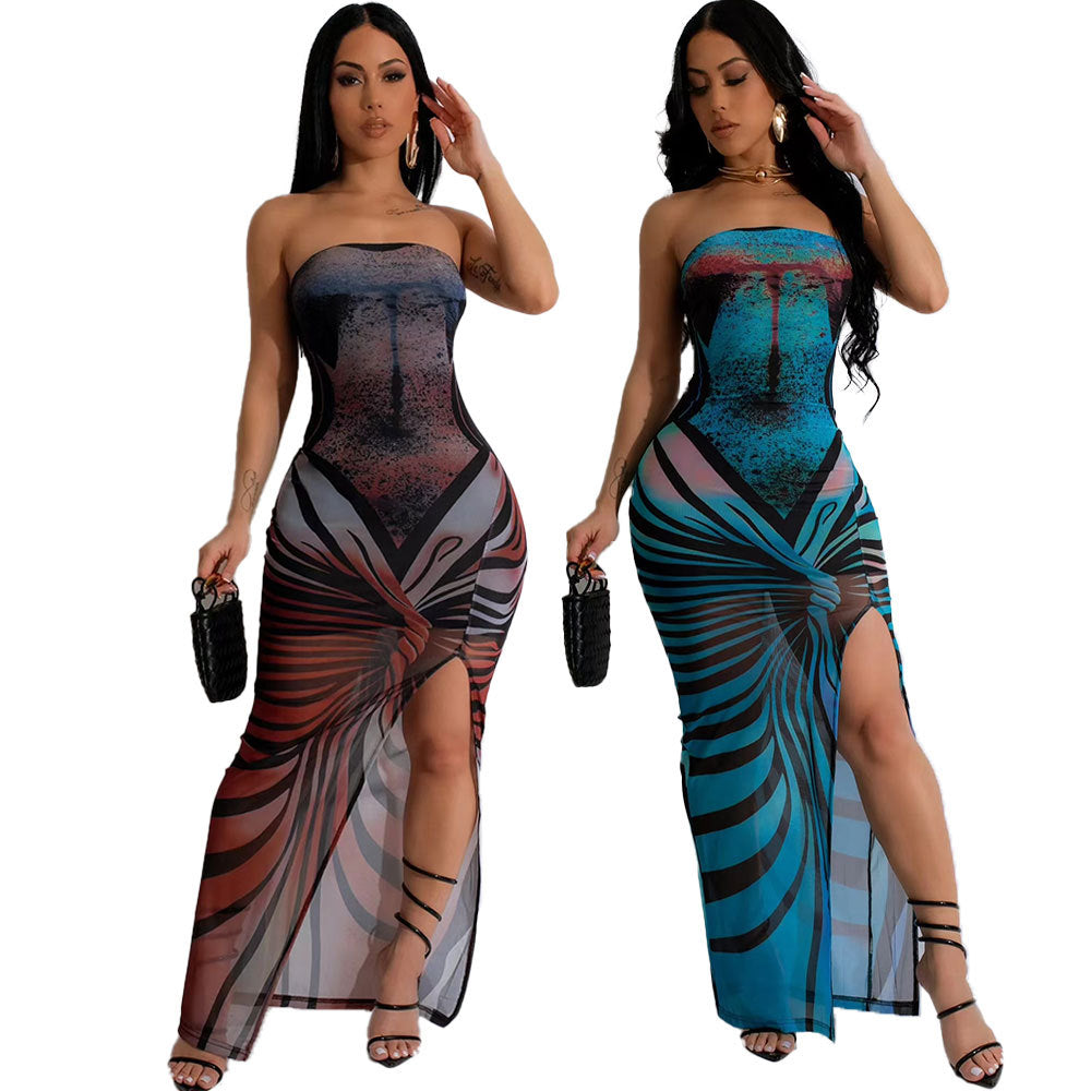 Women's Mesh Floral Print Strapless High Slit Sexy Dress
