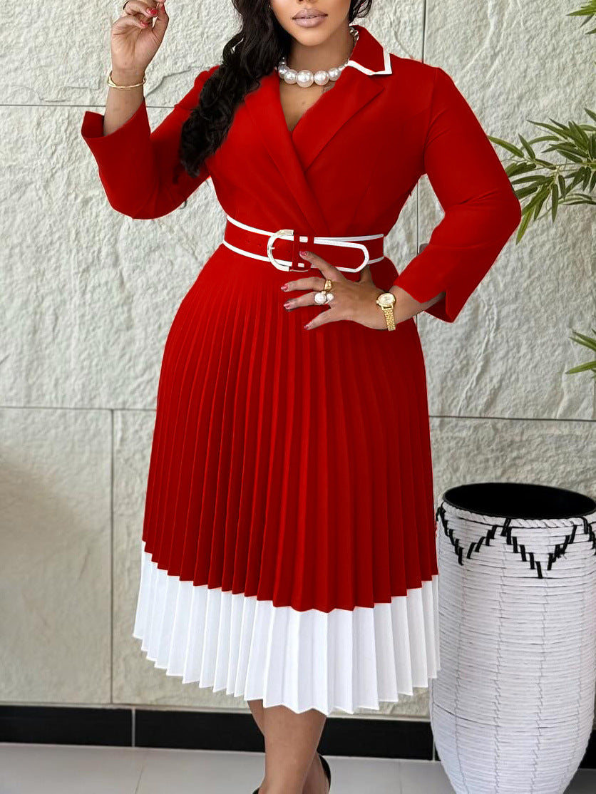 Women's Solid Color Long Sleeve Matching Pleated A- Dress