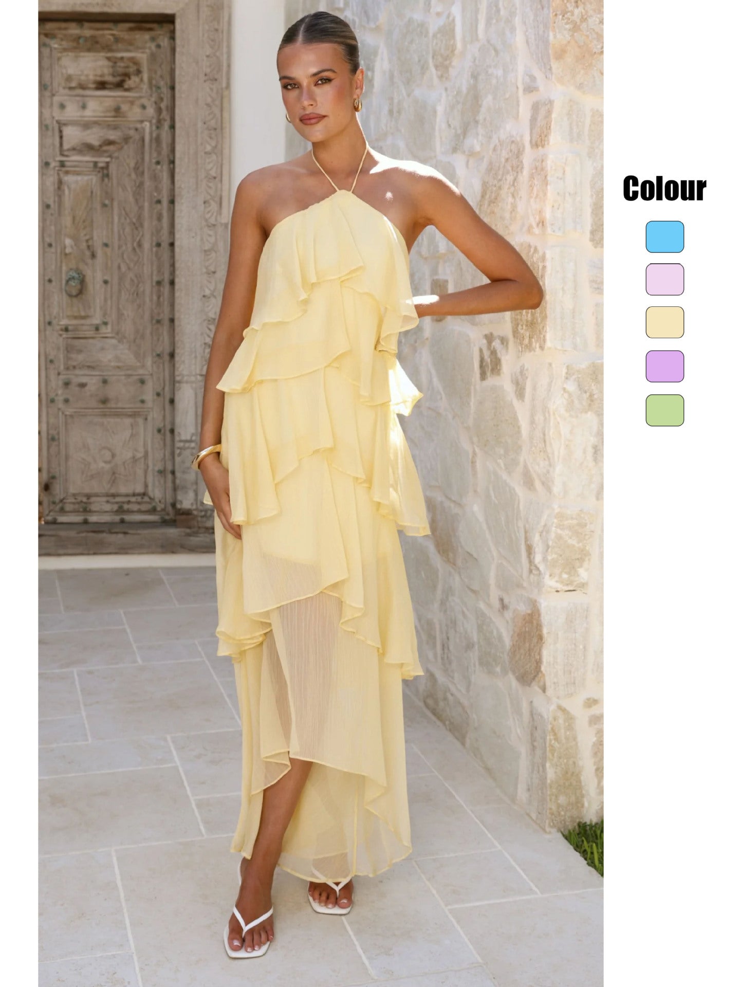 Ruffled Elegant Halter Solid Color Cake Dress