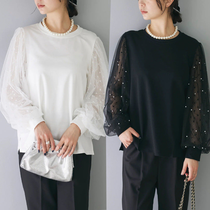 Women's Autumn Loose Split Stitching Mesh Long-sleeved Women's T-shirt