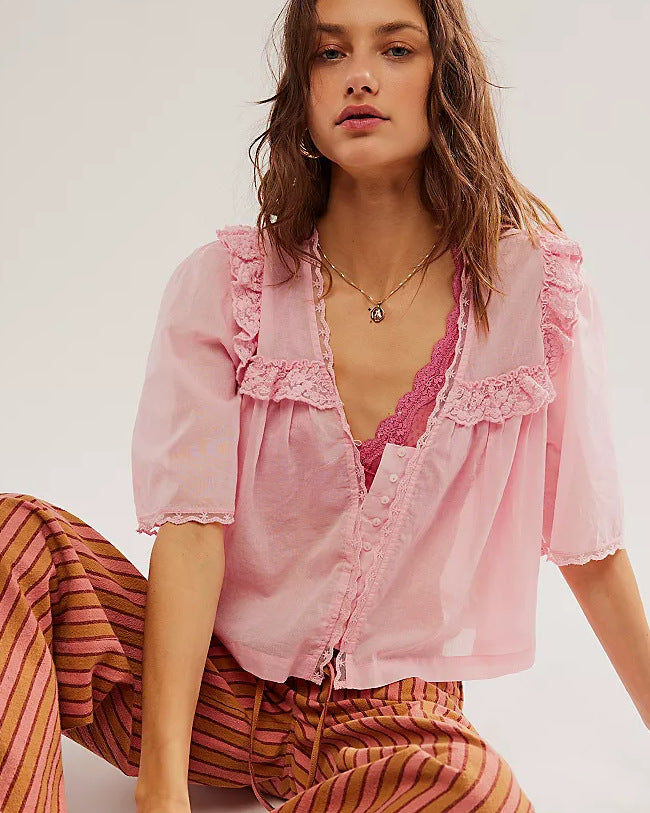 Women's Lace Collar Pure Cotton Solid Color Loose Fashion Blouse