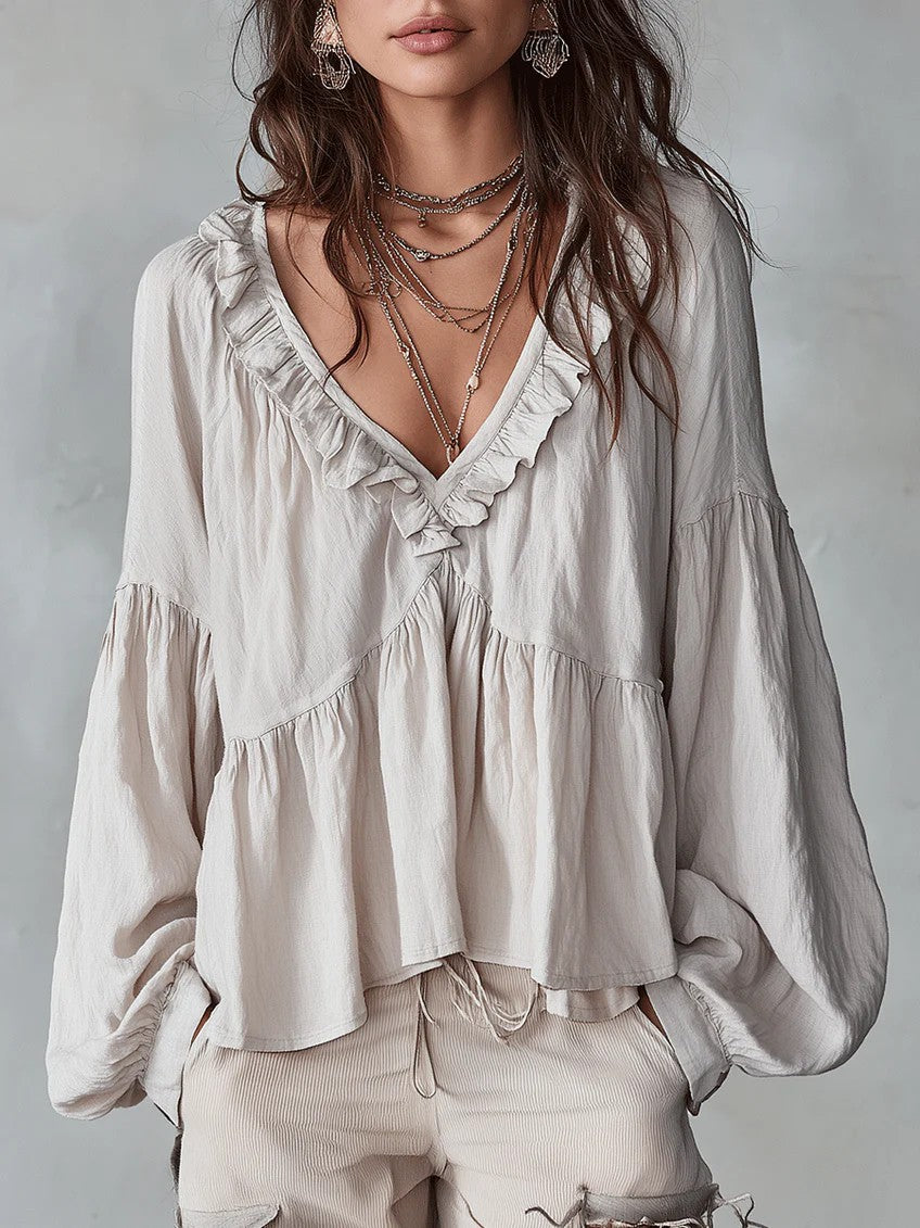 Casual Sweet Wooden Ear Puff Sleeve Pleated Blouse