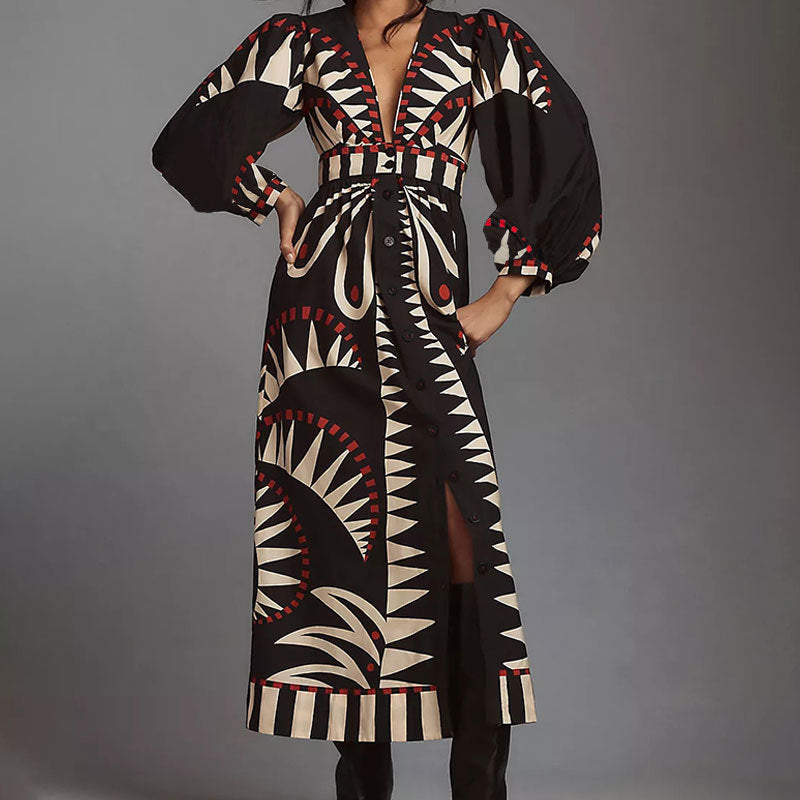 Women's Trend Printed Lantern Sleeve Long Sleeves Large Dress
