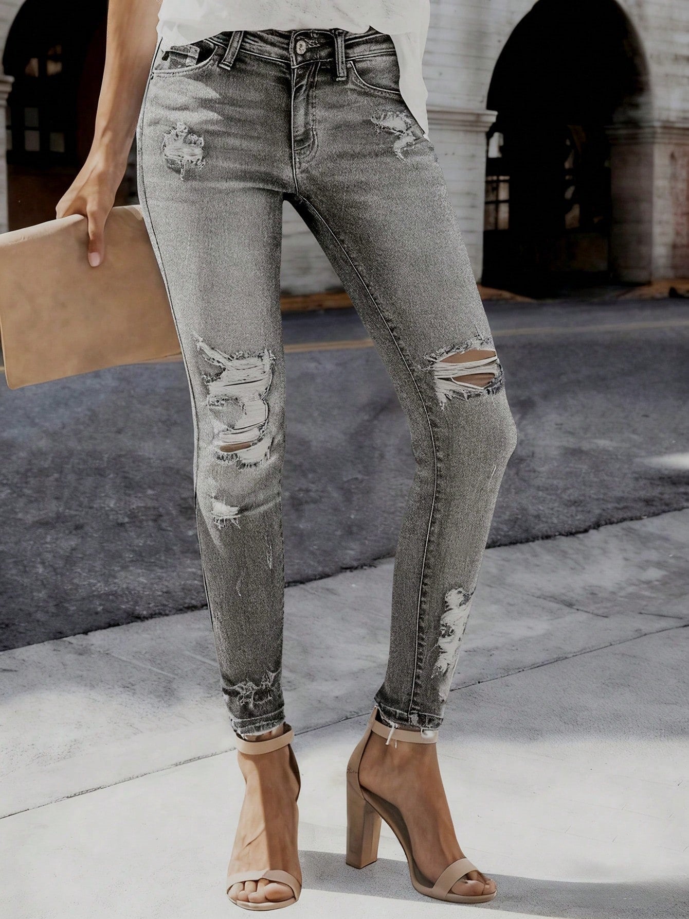 Women's Ripped Elastic Slim Fit Slimming Trousers Jeans