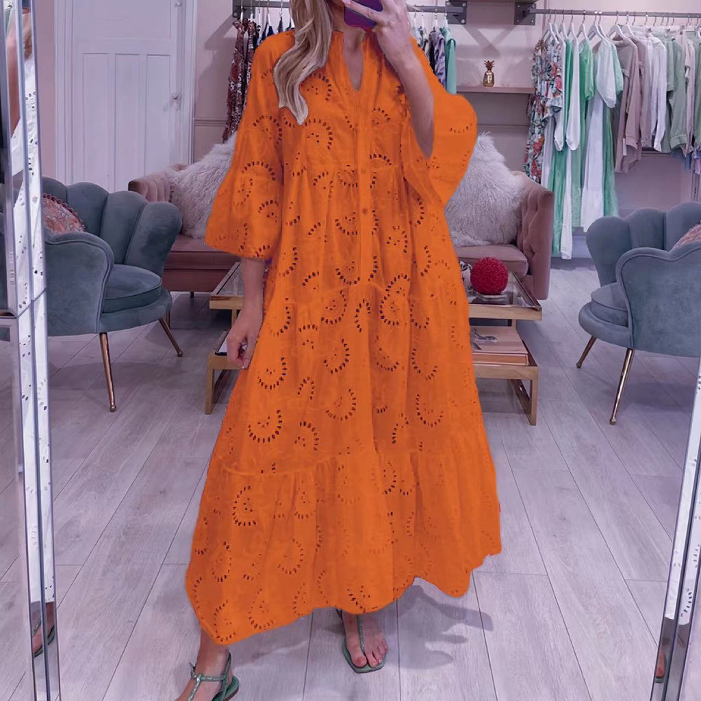 Women's French Style Bell Sleeve Lace Solid Color Sexy Long Dress