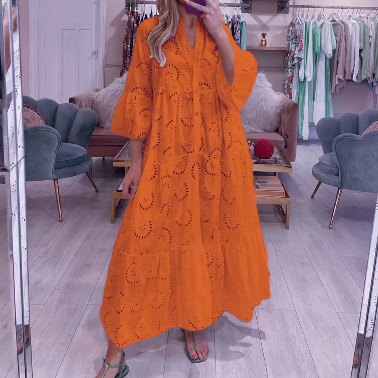 Women's French Style Bell Sleeve Lace Solid Color Sexy Long Dress