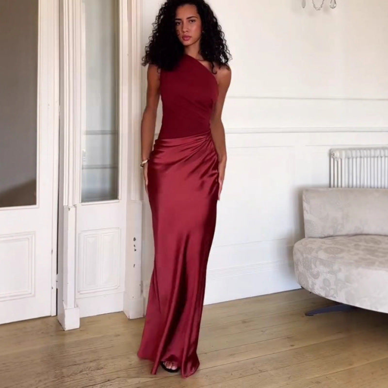 Color Diagonal Collar Sleeveless Maxi Slant Dress