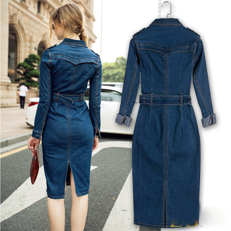 Glamorous Women's Sexy Long-sleeved Denim Long Dress