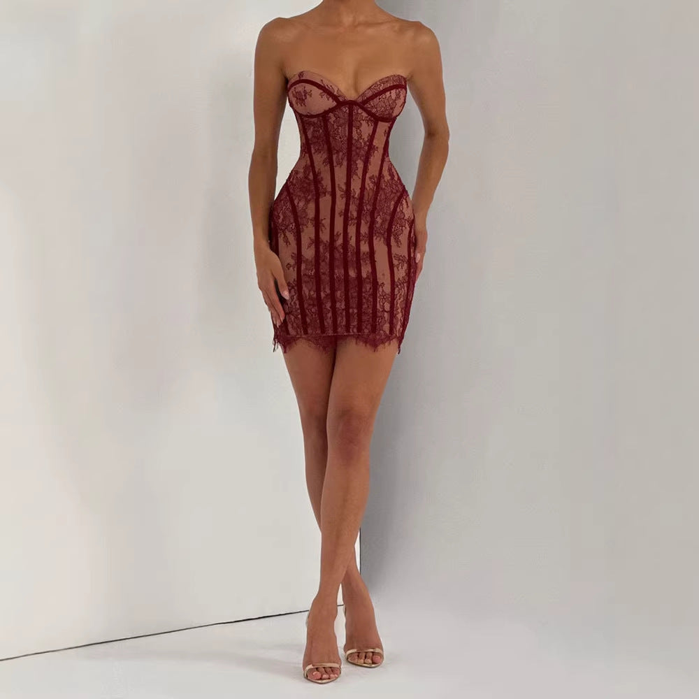 Women's Hot Tube Backless Sheath Lace Striped Dress
