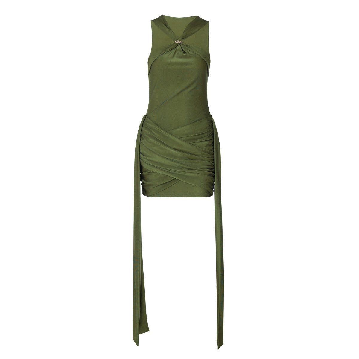 Women's Sleeve Halter Pleated Waist Tight Slim Dress