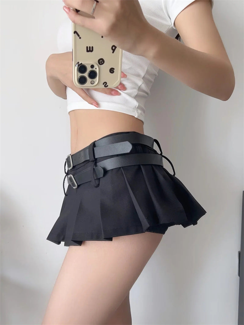 Women's American Niche Double Belt Design Hot Pleated A- Line Skirt