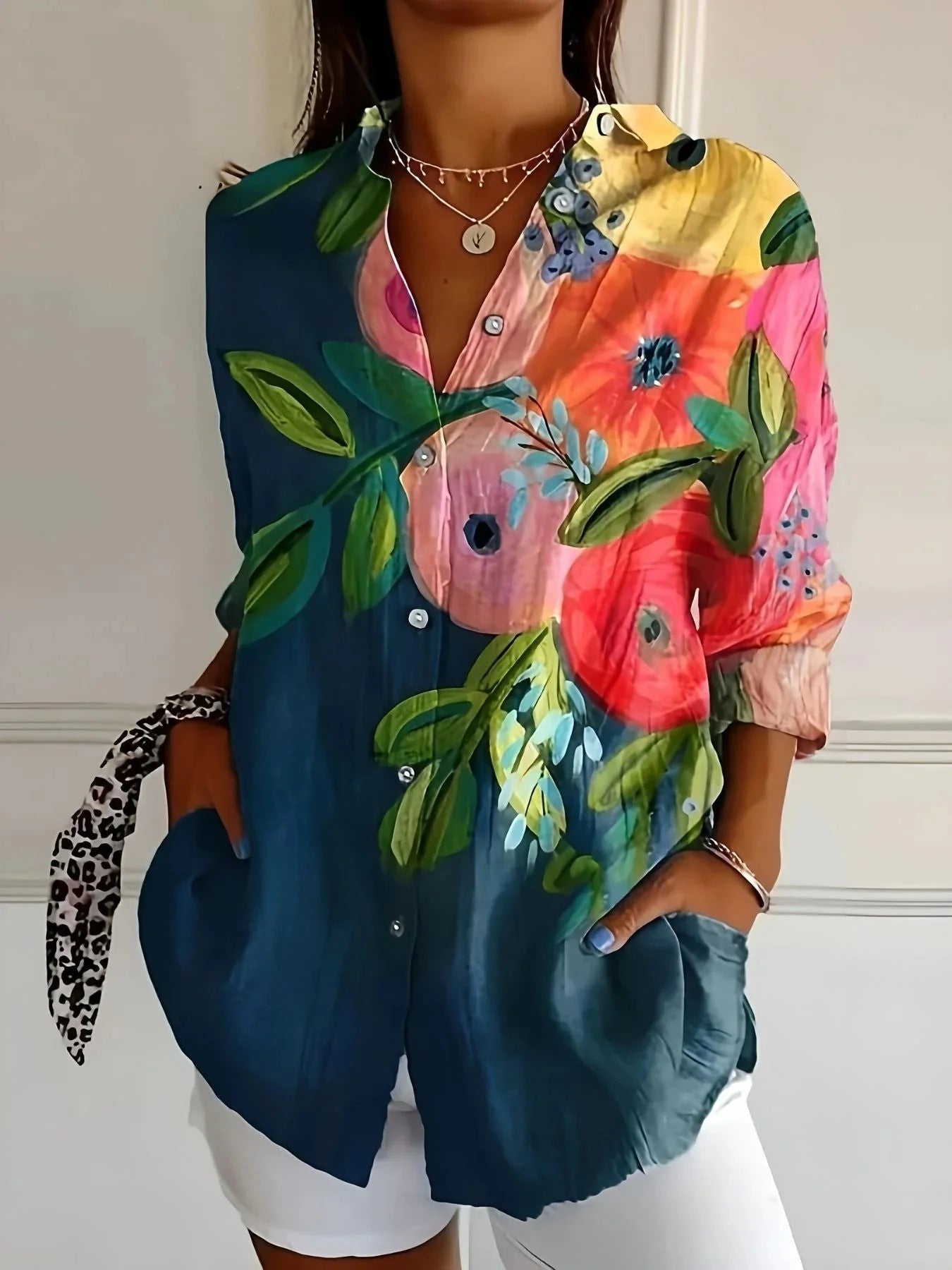 Women's Digital Printing Lapel Long Sleeve Linen Blouse