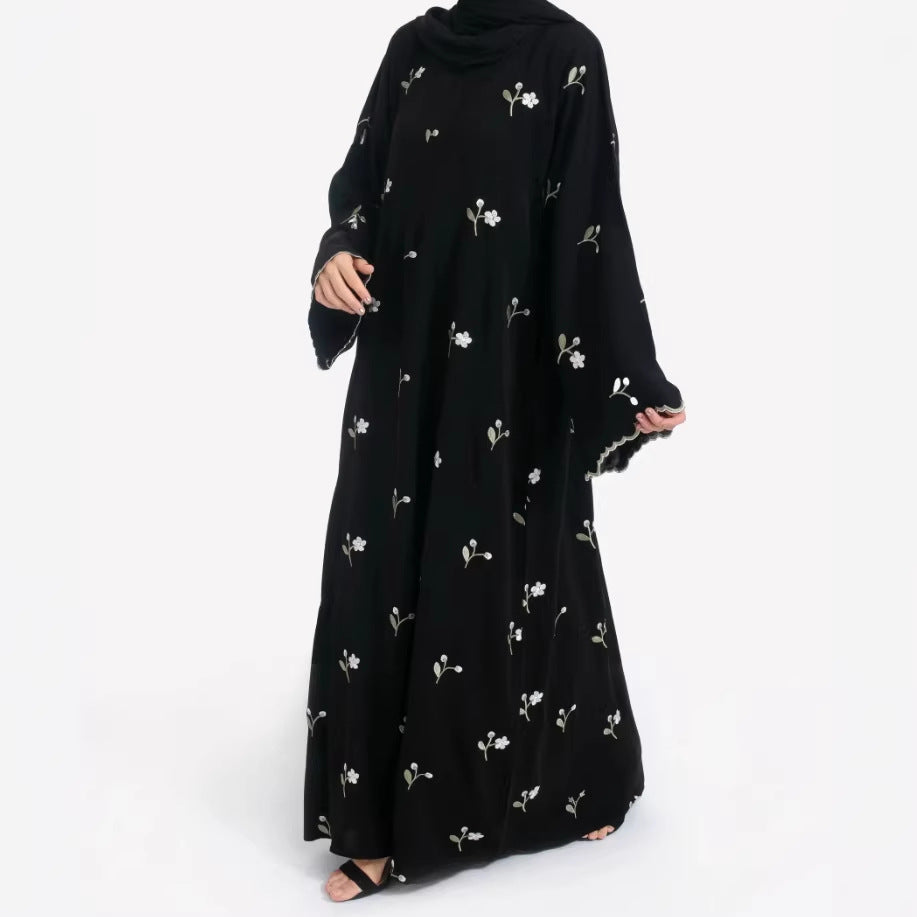 Robe Pullover Flower Print Cuff Embroidered Dress