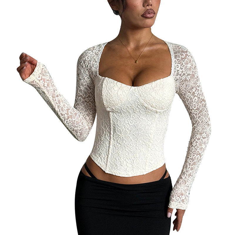 Lace Fishbone Long Sleeves Autumn White Women's T-shirt
