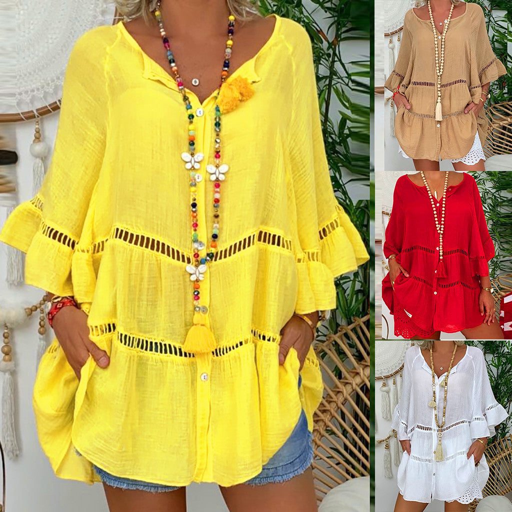 Women's Three-quarter Sleeve Cotton Linen Loose Button Dress