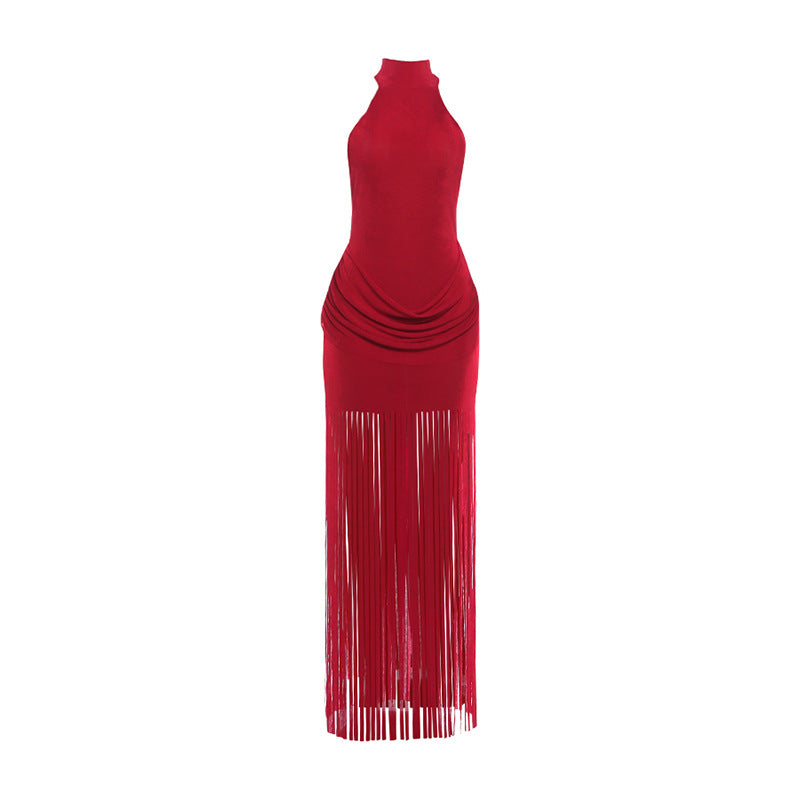 Women's Winter Fashion Tassel Design Solid Color Sexy Dress
